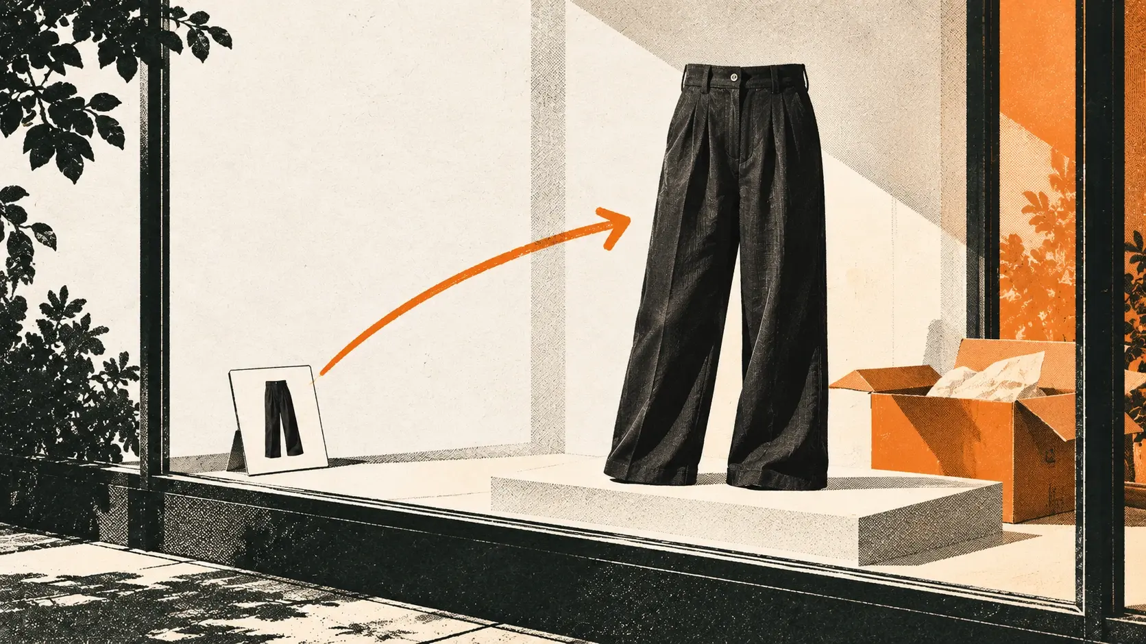 Black linen pants displayed in a sunlit shop