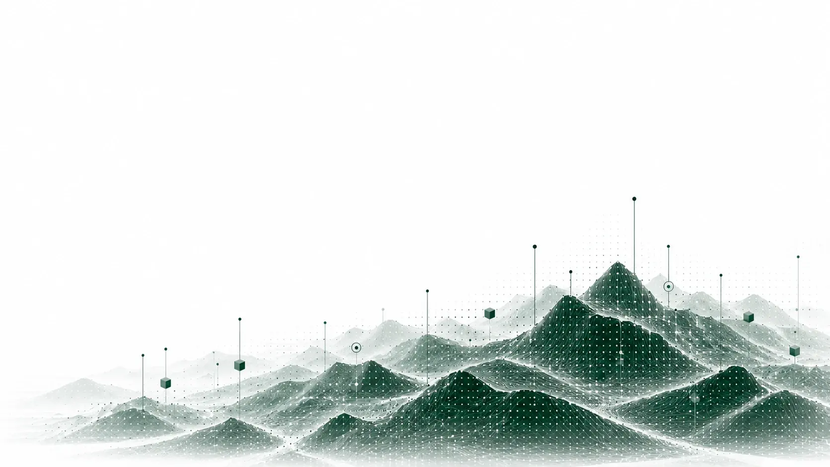 An expansive computational terrain mapped with contours, data points, and vertical probes.