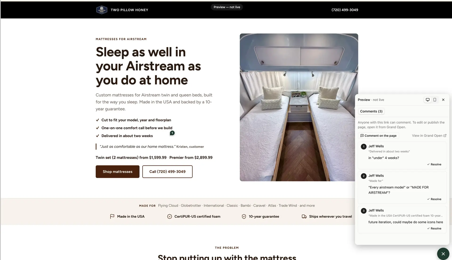Grand Open page review: a mattress acquisition page with contextual comments and approval tools.